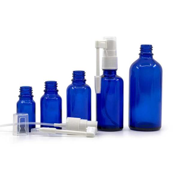 Modra steklenička z razpršilko za nos ali grlo – 10 ml in 30 ml